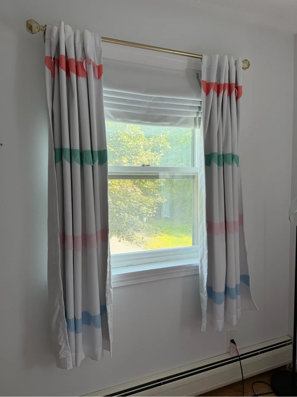 EUC - 6 Panels - Scallop Stripe Curtains in Soft Gray with Red/Green/Pink/Blue